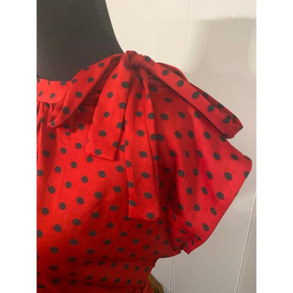 Lindy Bop Red Black Polka Dot Ruched Fit & Flare Dress Bow Shoulder Size US 20 - Picture 3 of 9